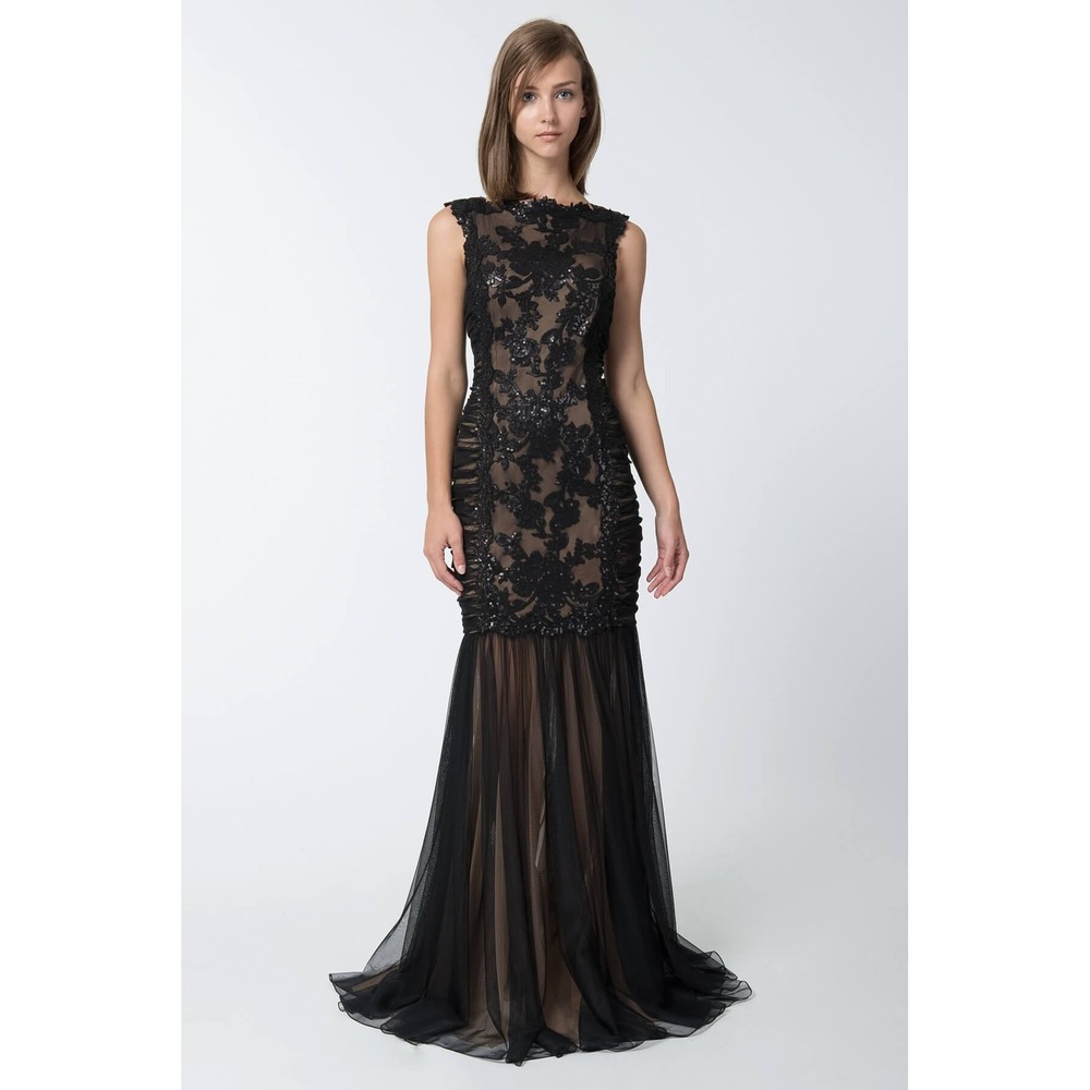 Tadashi Shoji Paillette Embroidered Lace Tulle Gown in Black / Nude AGF1305L 10